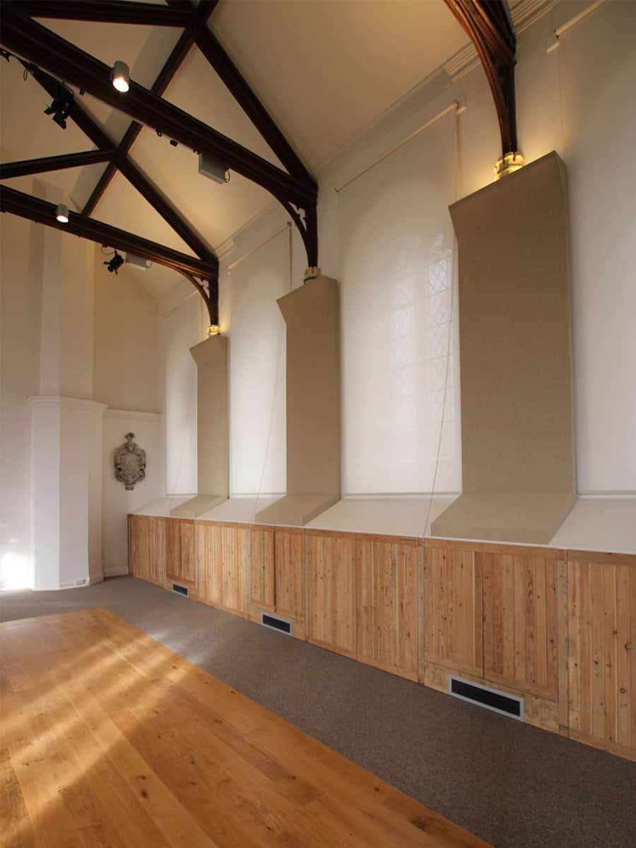 Horsley Church side aisle with timber panelling, acoustic panels and vaulted timber roof